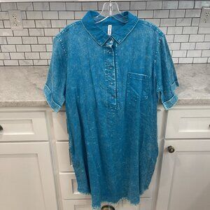 Zenna Shirt Dress Womens XL Blue Raw Hem Linen Blend Bohemian Party Western